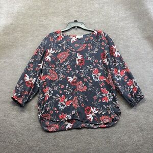 Loft Gray V Neck Blouse With Floral Print  cuffed arms size medium